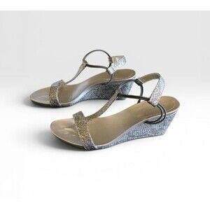 Style & Co Womens 8.5M Mulan T-Strap Sandals Gunmetal Snakeskin Wedge 2.5" Heel